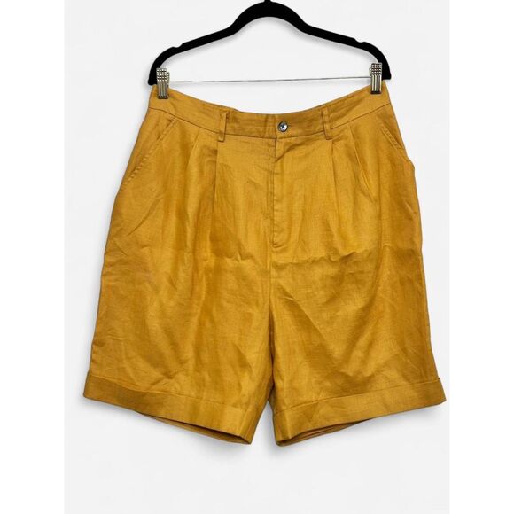 Vintage Classiques Mustard Yellow Marigold High Waist Linen Shorts with Pockets - Picture 1 of 5